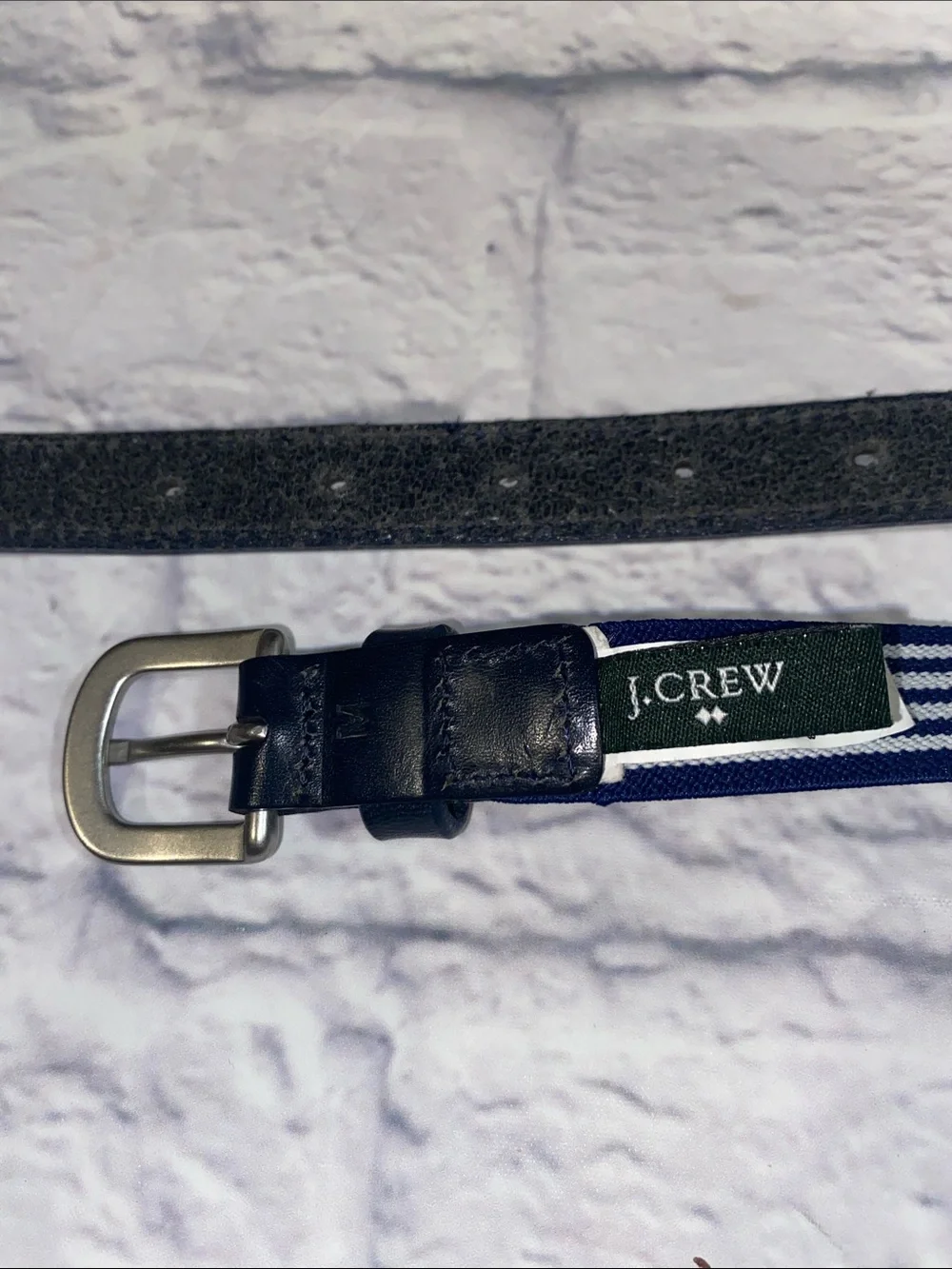 J. Crew Navy and White Striped Stretch Fabric Belt with Leather Trim Size M